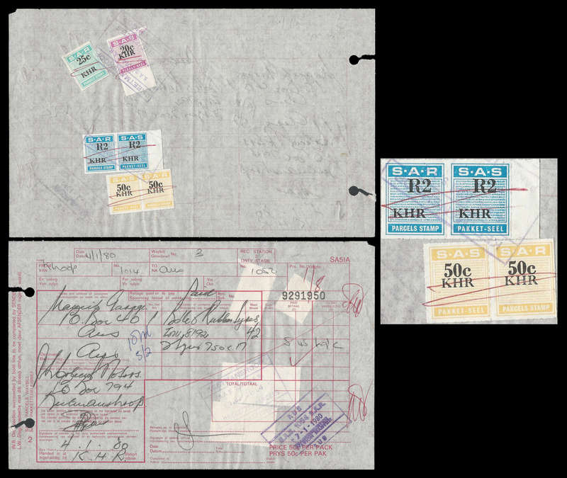 South West Africa.  S.A.R. Waybill (Keetmanshoop to Aus).  2 Horisontal pairs).
