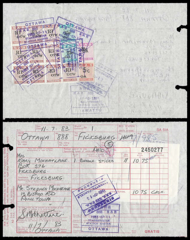 South African Railways.  Waybill bearing 4 Horisontal pairs (14 stamps).