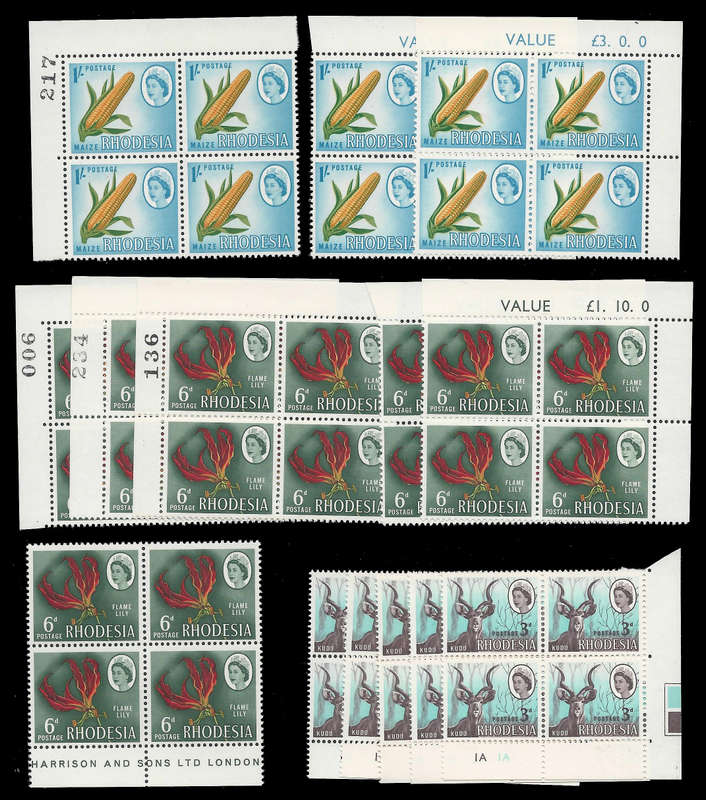 Rhodesia. 14 Control, Sheet Number, Sheet Value Blocks + Imprint Block.  UM.