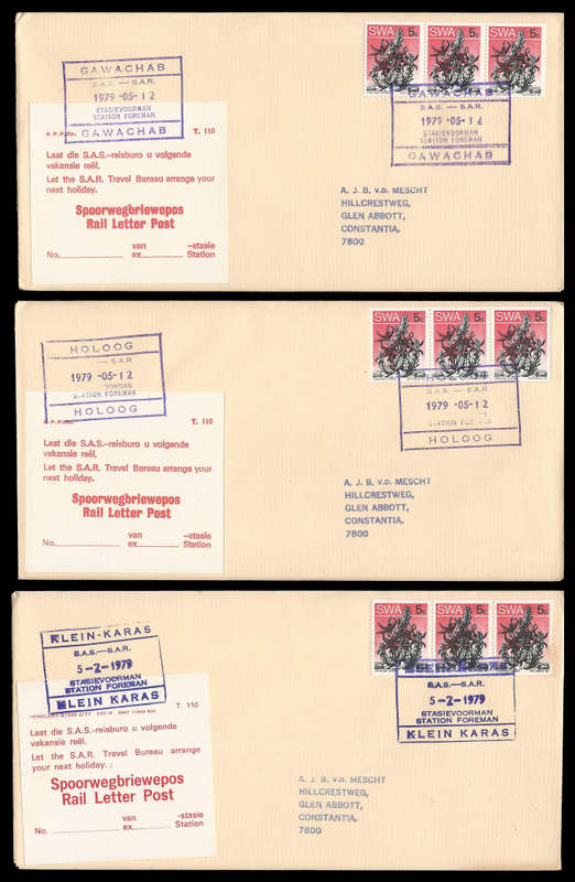 South West Africa.  Scarce station cachets.  3 x Railway Covers with T.110 Labels.