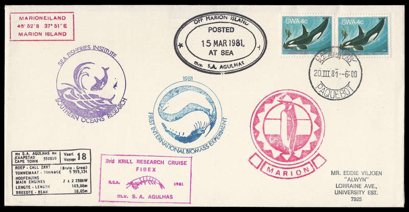 South West Africa.  Marion Island / S.A. Agulhas cover.  Very fine condition as per scan.