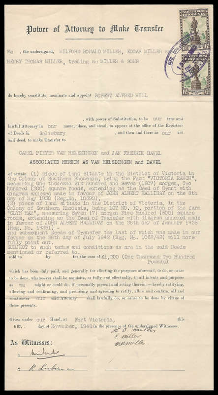 Southern Rhodesia.  1942  Power of Attorney document as per scan.