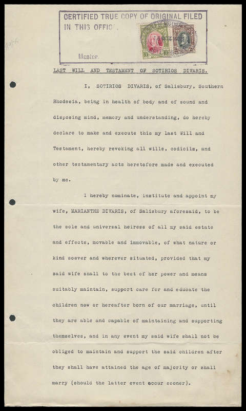 Southern Rhodesia.  1933 Document as per scan.