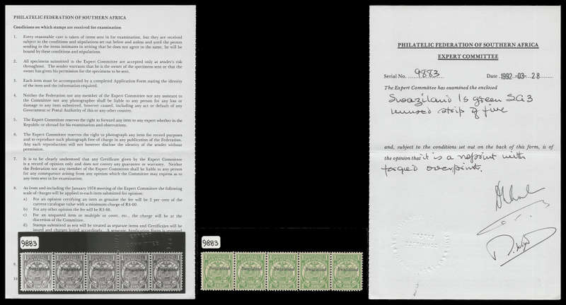 Swaziland.  Forgery with Certificate.  Cat.value R2 750-00 as genuine.  UM.