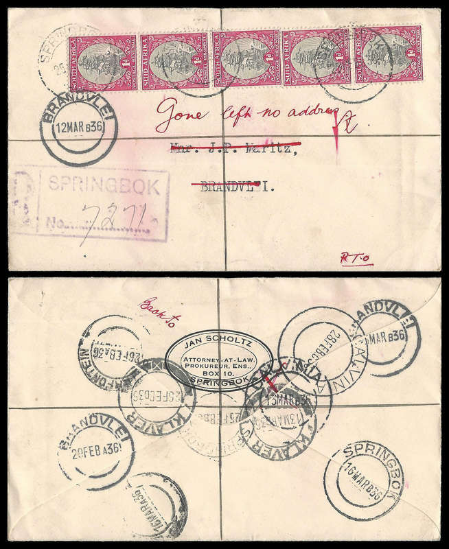 Union of South Africa.  1936.  Returned cover.