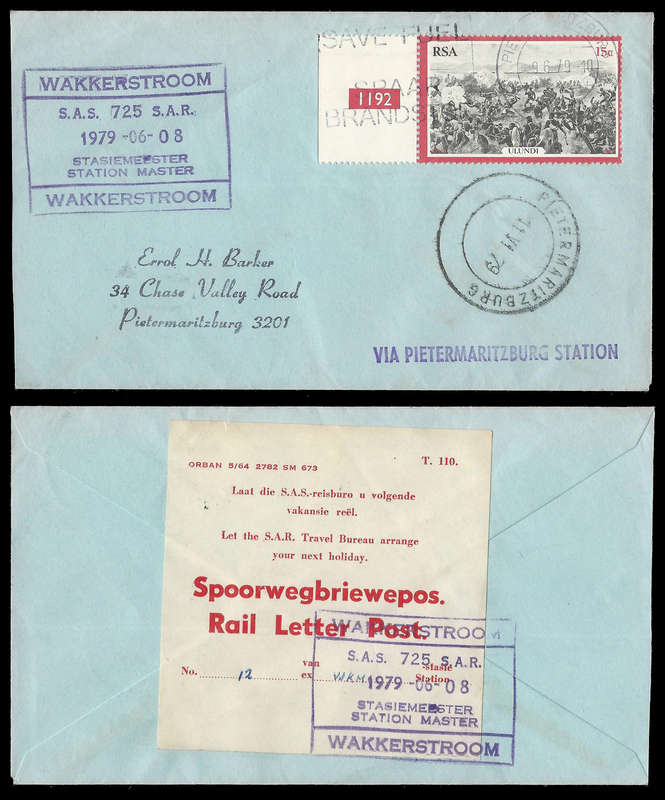 South African Railways.  Cover with WAKKERSTROOM rubber cachet and T.110 Label.
