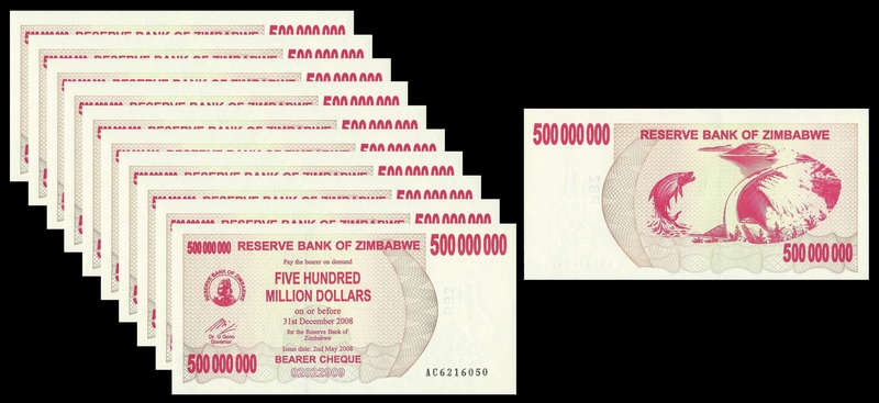 Zimbabwe.  Uncirculated.  10 x Sequential 500 Million Dollars Bearer Cheque.