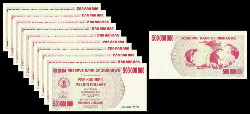 Zimbabwe.  Uncirculated.  10 x Sequential 500 Million Dollars Bearer Cheque.