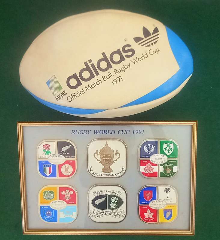 Rugby World Cup 1991 - match ball and team coasters collage