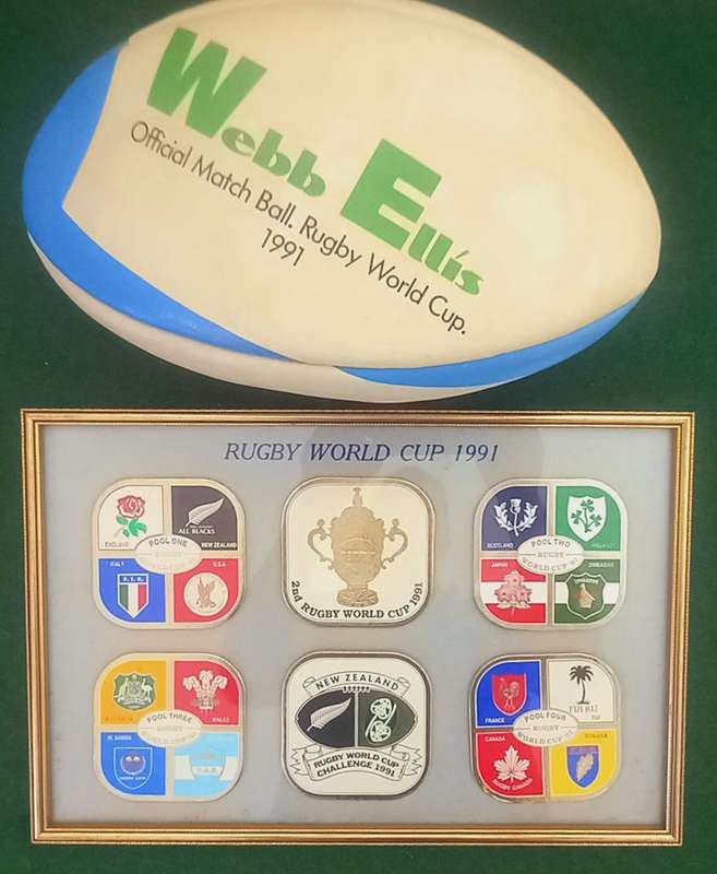 Rugby World Cup 1991 - match ball and team coasters collage