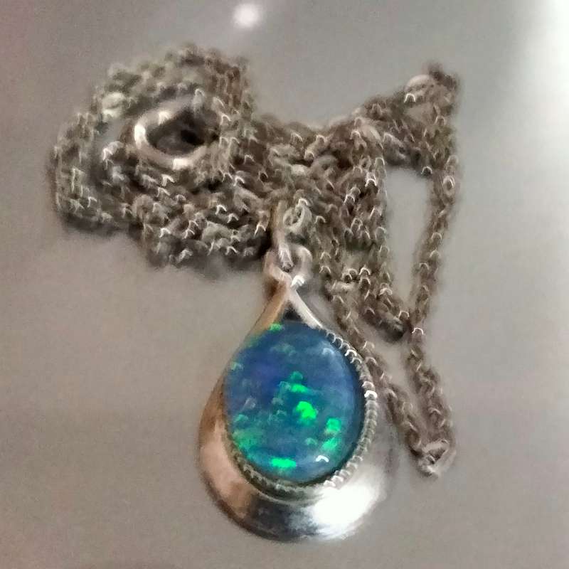 Sterling Silver Opal blue firelight tear drop Pendant Necklace+A ChainLOOK at my Buy Now  NO WAITING