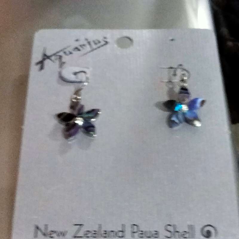 EARRINGS- SMALL flower SHAPE  centre has crystal PAUA SHELL leaves for pierced ears TONE METAL