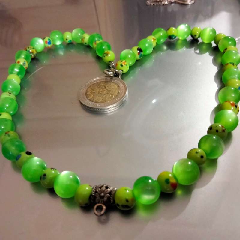 Necklace Murano Art glass hand blown beads dots Green+Synthetic round Look at my Buy Now No Waiting