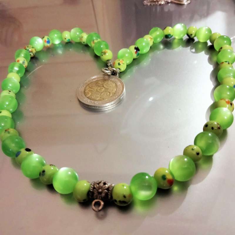 Necklace Murano Art glass hand blown beads dots Green+Synthetic round Look at my Buy Now No Waiting