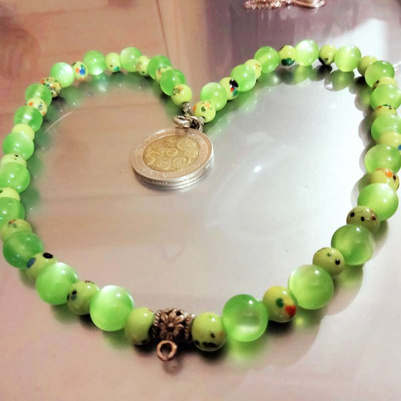 Necklace Murano Art glass hand blown beads dots Green+Synthetic round Look at my Buy Now No Waiting