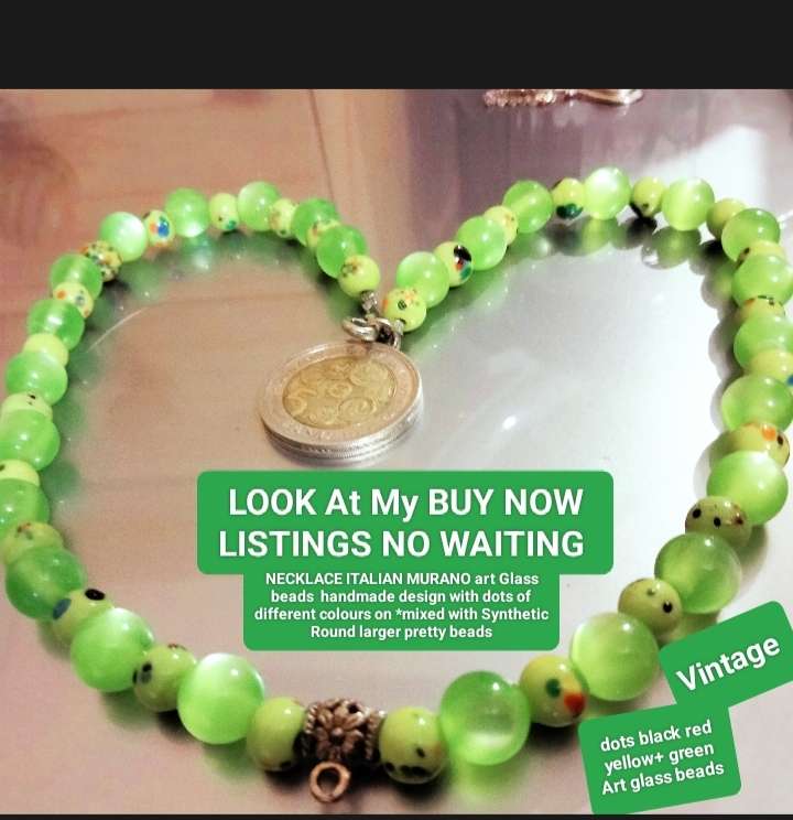Necklace Murano Art glass hand blown beads dots Green+Synthetic round Look at my Buy Now No Waiting