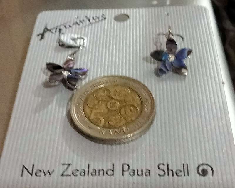 EARRINGS- SMALL flower SHAPE  centre has crystal PAUA SHELL leaves for pierced ears TONE METAL