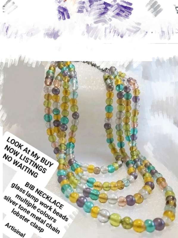 Bib NECKLACE - 4 strand ITALIAN lamp work Glass Beads Multicolour+Chain look at my Buy Now - No Wait