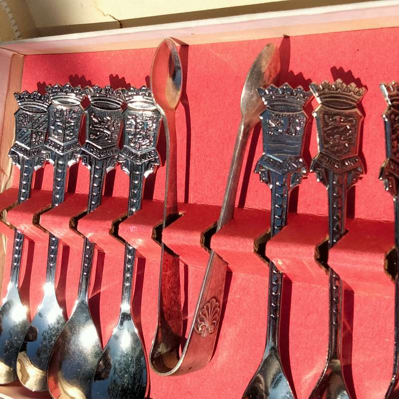 Holland set 10 Teaspoons Tops Embossed name+ area Speculum Plate+ Not part set Sugar nips A plate