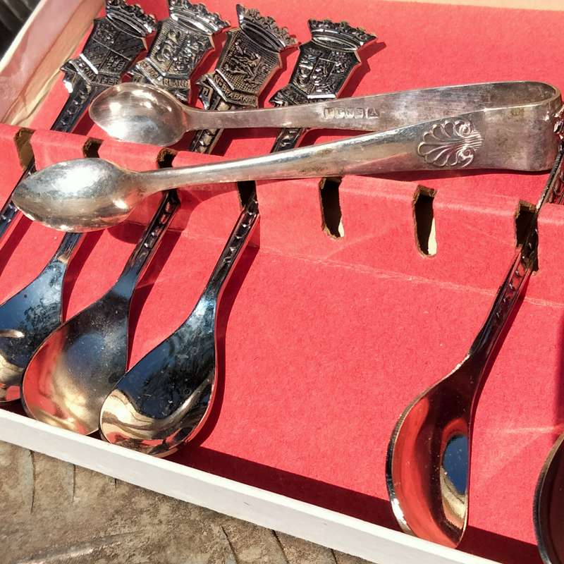 Holland set 10 Teaspoons Tops Embossed name+ area Speculum Plate+ Not part set Sugar nips A plate