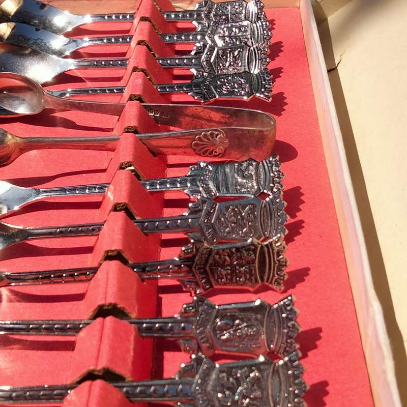 Holland set 10 Teaspoons Tops Embossed name+ area Speculum Plate+ Not part set Sugar nips A plate