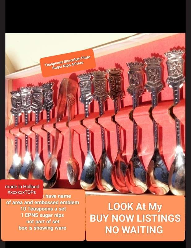 Holland set 10 Teaspoons Tops Embossed name+ area Speculum Plate+ Not part set Sugar nips A plate