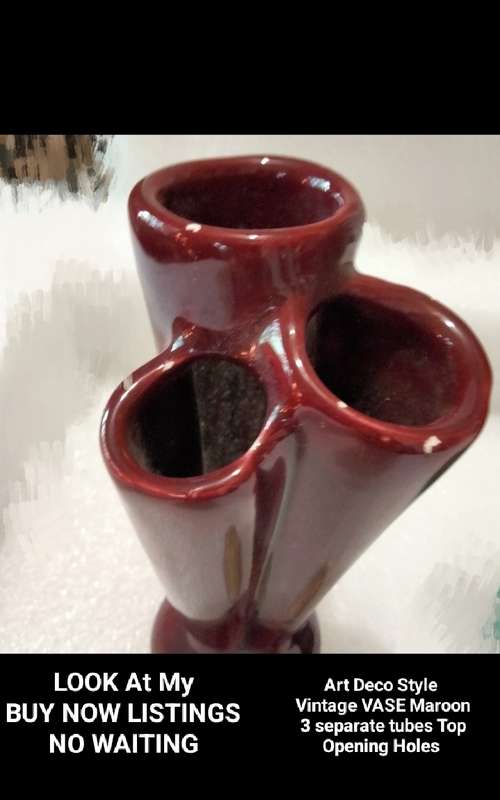 VASE - 3 tube Openings Maroon Ceramic LOOK At My BUY NOW Listings NO WAITING