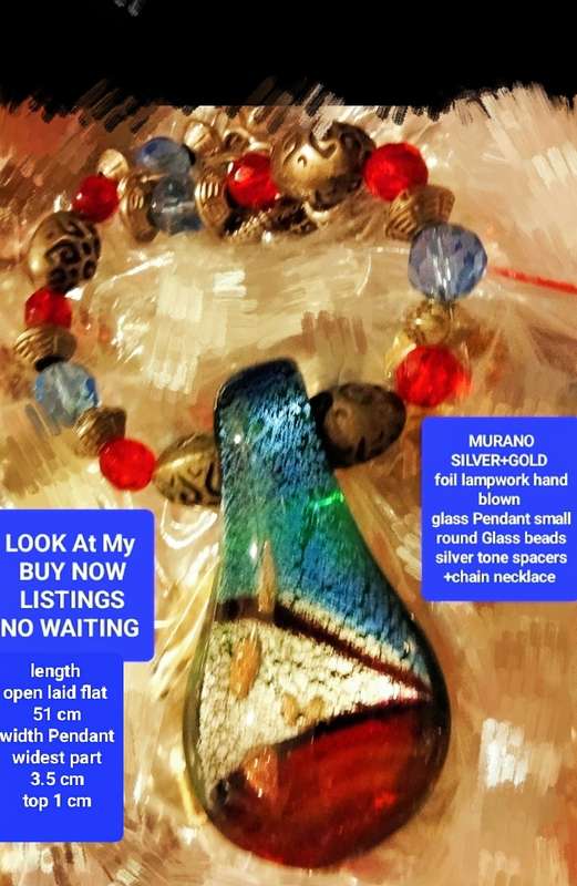 Murano  Silver foil lampwork hand blown pendant Dichroic+Chain Look at my Buy Now-No Waiting