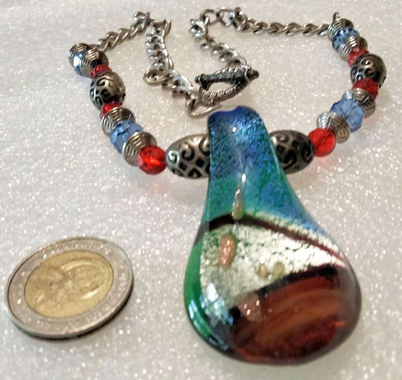 Murano  Silver foil lampwork hand blown pendant Dichroic+Chain Look at my Buy Now-No Waiting
