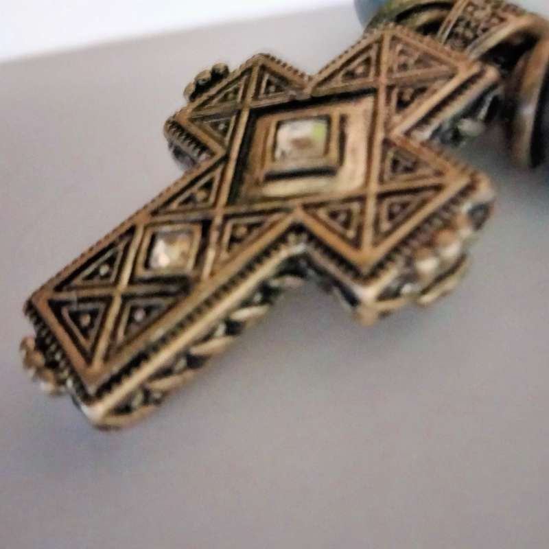 NECKLACE Cross double sided cut Glass clear faceted sq. crystal stones Gold Silver black metal chain
