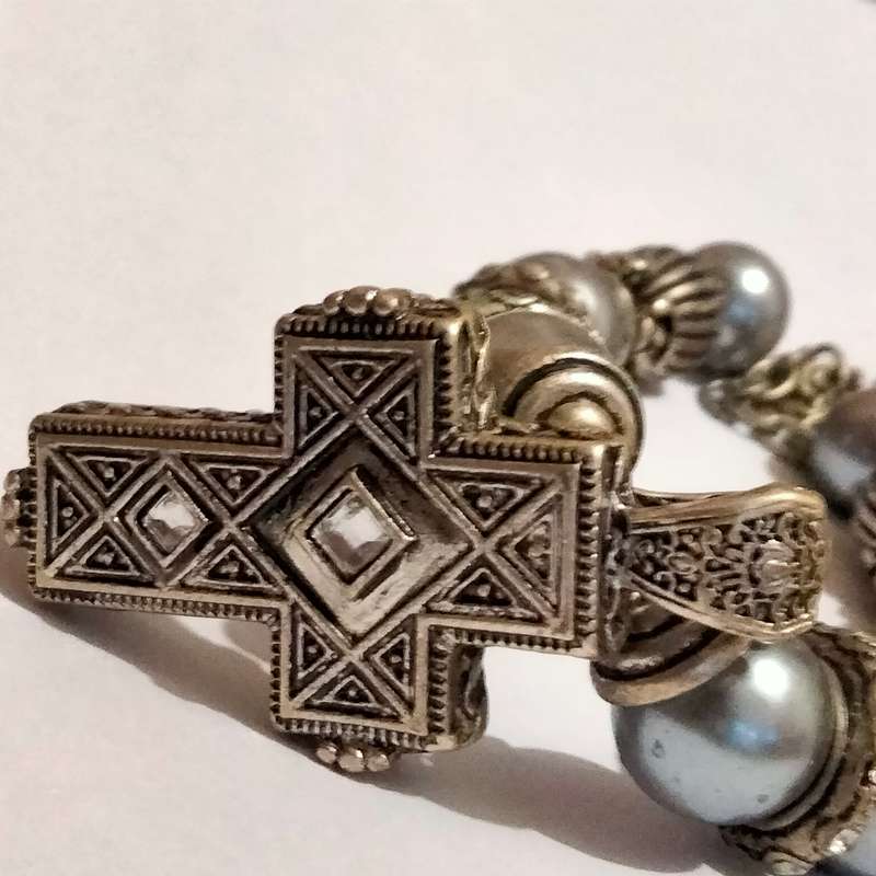 NECKLACE Cross double sided cut Glass clear faceted sq. crystal stones Gold Silver black metal chain