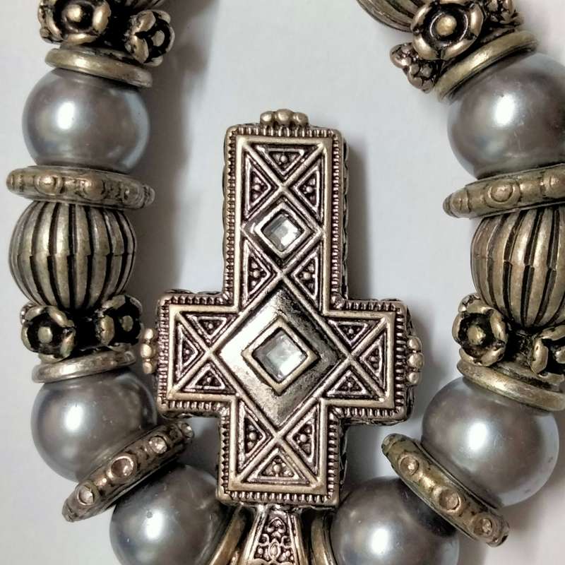 NECKLACE Cross double sided cut Glass clear faceted sq. crystal stones Gold Silver black metal chain