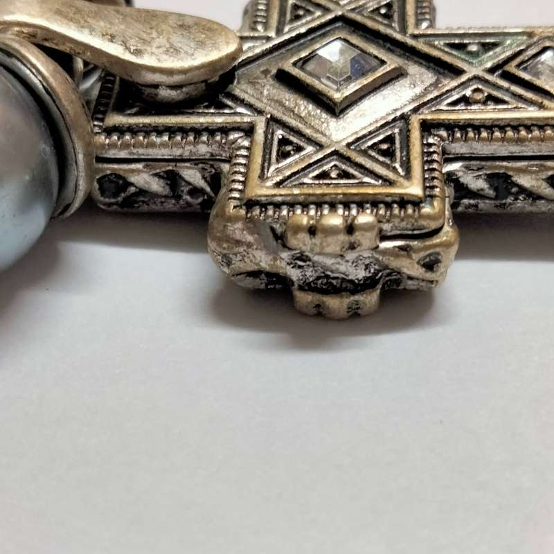 NECKLACE Cross double sided cut Glass clear faceted sq. crystal stones Gold Silver black metal chain