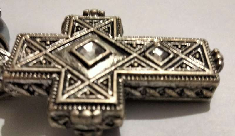 NECKLACE Cross double sided cut Glass clear faceted sq. crystal stones Gold Silver black metal chain