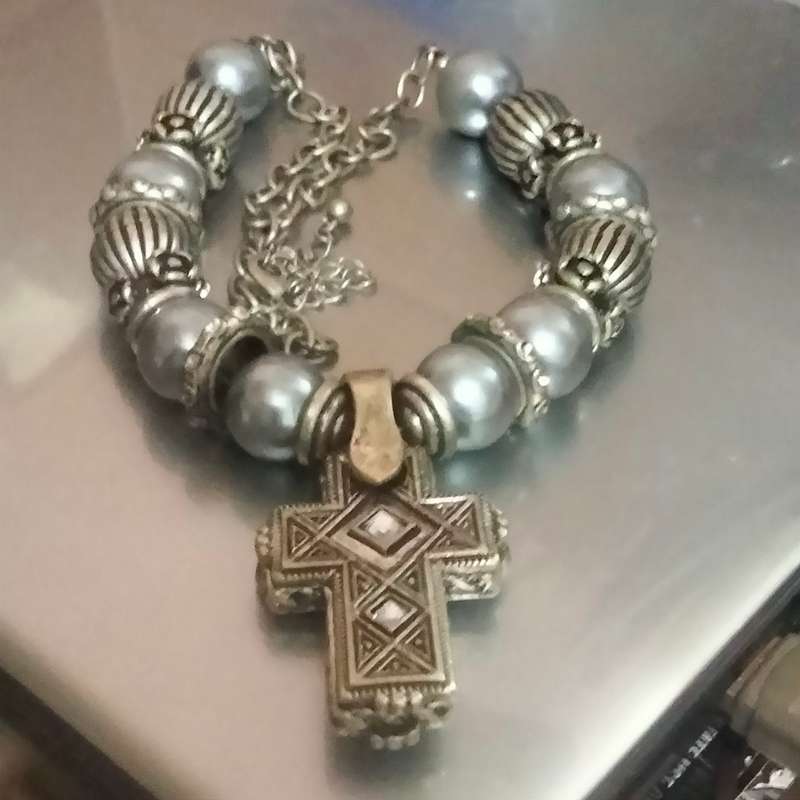 NECKLACE Cross double sided cut Glass clear faceted sq. crystal stones Gold Silver black metal chain