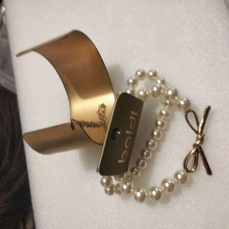 3 Bracelet 2 BALDI LONDON original label stretch Faux Pearl + Bangle Cuff yellow metal small chain