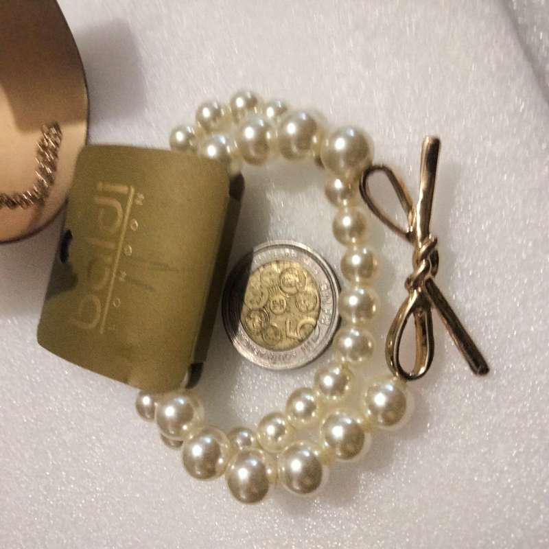 3 Bracelet 2 BALDI LONDON original label stretch Faux Pearl + Bangle Cuff yellow metal small chain