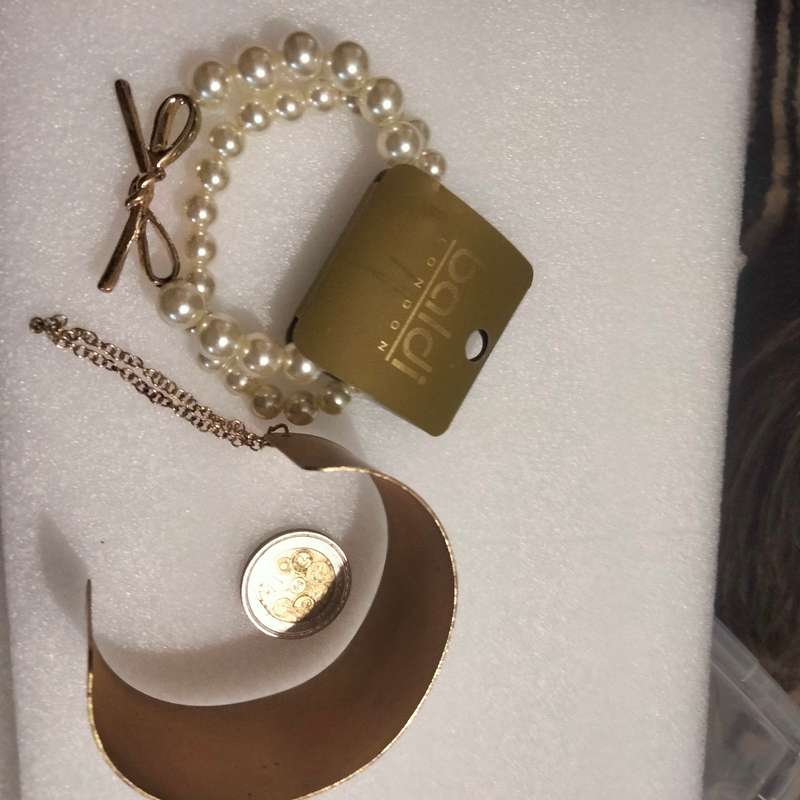 3 Bracelet 2 BALDI LONDON original label stretch Faux Pearl + Bangle Cuff yellow metal small chain