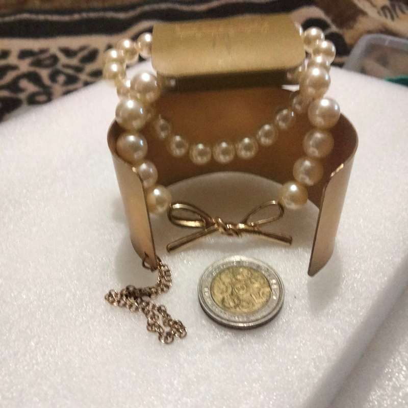 3 Bracelet 2 BALDI LONDON original label stretch Faux Pearl + Bangle Cuff yellow metal small chain