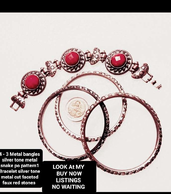 4 -3 Bangles solid snake pattern silver tone metal+ Bracelet round links cut faceted red synthetic s
