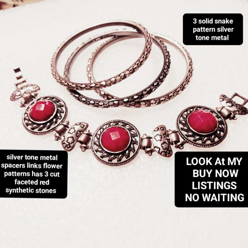 4 -3 Bangles solid snake pattern silver tone metal+ Bracelet round links cut faceted red synthetic s