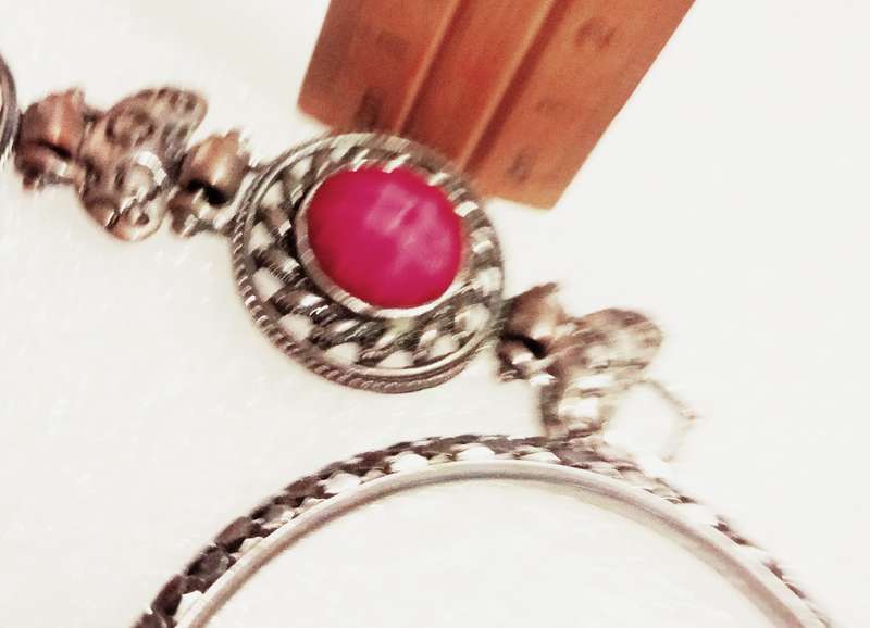 4 -3 Bangles solid snake pattern silver tone metal+ Bracelet round links cut faceted red synthetic s