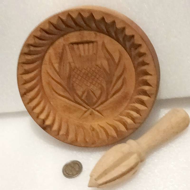 Shortbread thistle mould J&I Crichton Scotland+Citrus squeezer