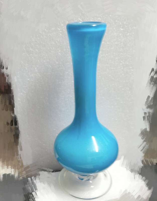 VASE  vintage Opaline Light blue white cased glass Hand blown clear glass foot