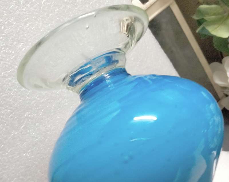 VASE  vintage Opaline Light blue white cased glass Hand blown clear glass foot