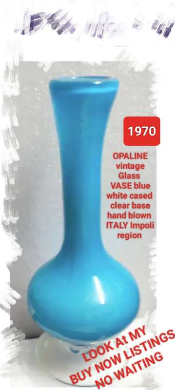 VASE  vintage Opaline Light blue white cased glass Hand blown clear glass foot
