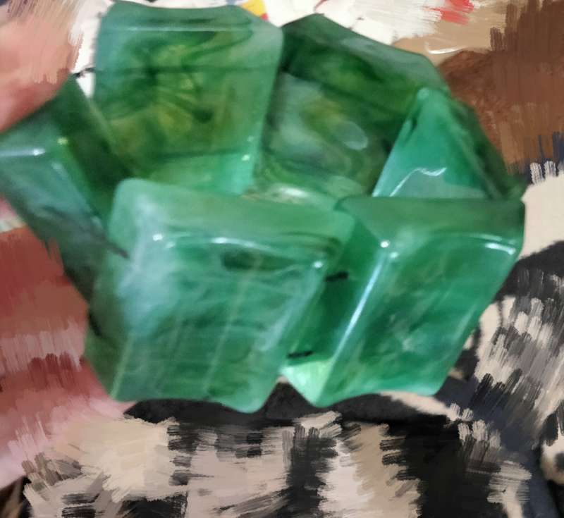 Absolutely STUNNING Bangle swirl marble Jade green Lucite 6 large squares stretch black elastic