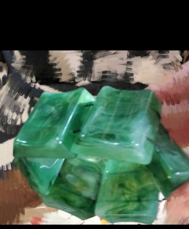 Absolutely STUNNING Bangle swirl marble Jade green Lucite 6 large squares stretch black elastic