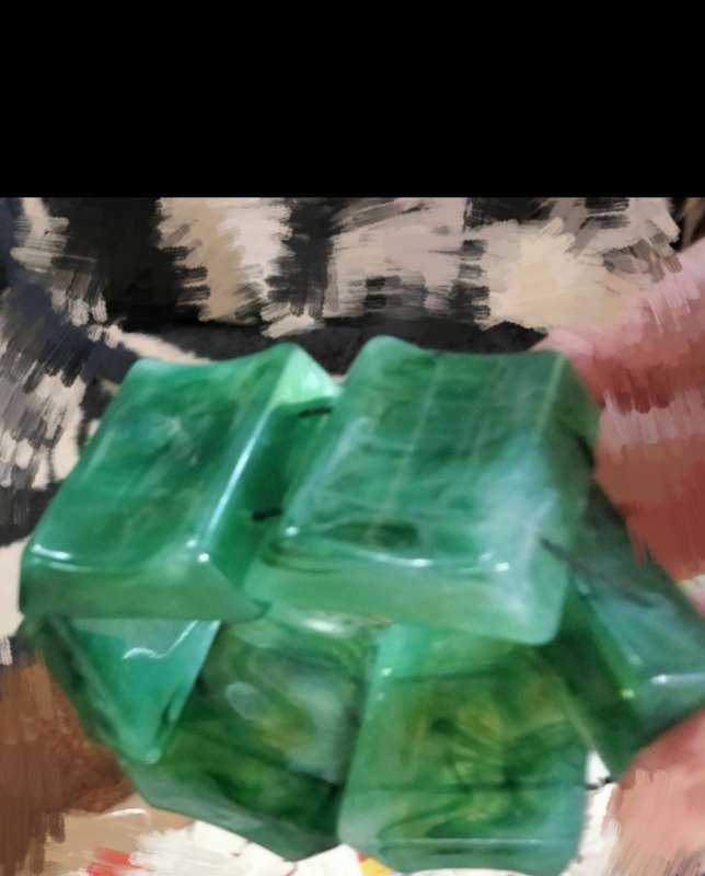 Absolutely STUNNING Bangle swirl marble Jade green Lucite 6 large squares stretch black elastic