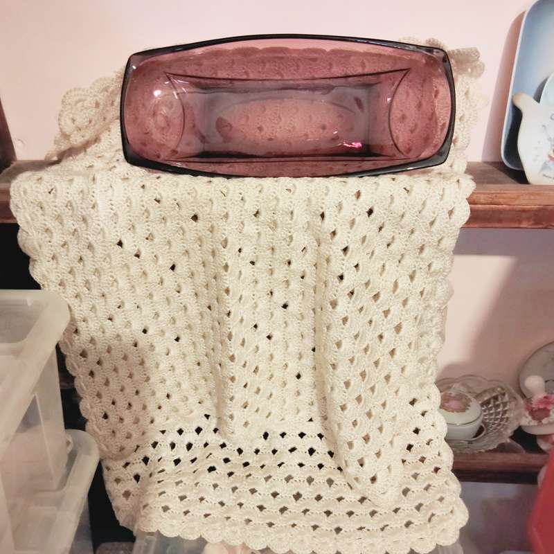 1940/60HAZEL Atlas glass company Amethyst relish dish+2crochet cloths Look at my Buy Now No Waiting